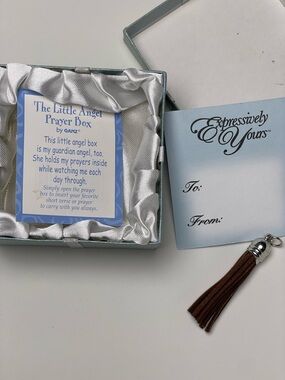 Suede Brown Leather Tassel Pendant in the Little Angel Prayer Box - Blue